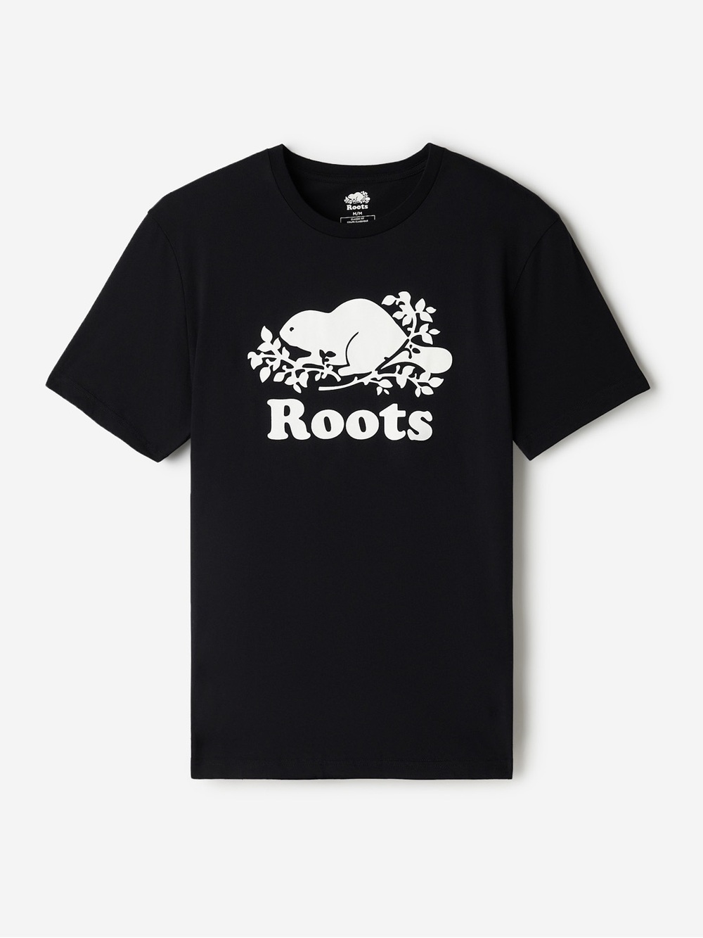 Roots Black Tee with White Beaver Logo